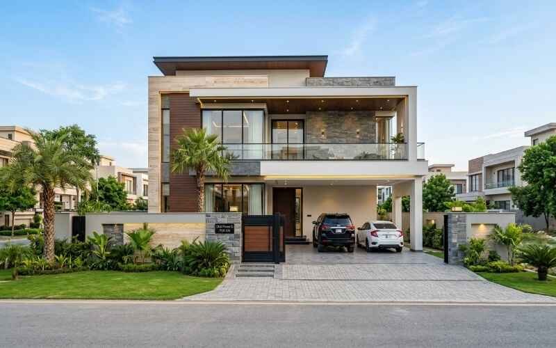 House Construction in DHA Lahore A luxurious modern double story house with contemporary architecture, spacious balcony, elegant exterior finishes, landscaped garden, and a covered car porch in a premium DHA Lahore residential community.