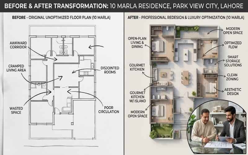 Architectural & Interior Design in Park View City Lahore showing before and after 10 marla floor plan transformation with modern optimized layout and improved space planning.
