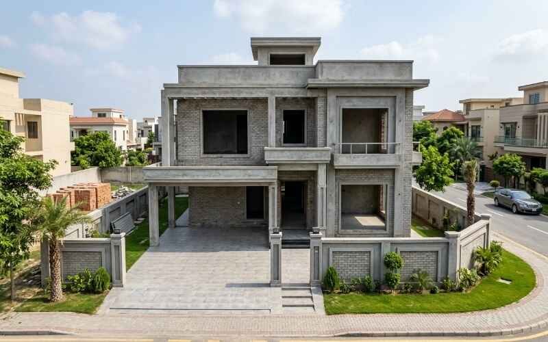 Modern double-story home showcasing Grey Structure Construction in Park View City Lahore with a strong concrete and masonry framework.