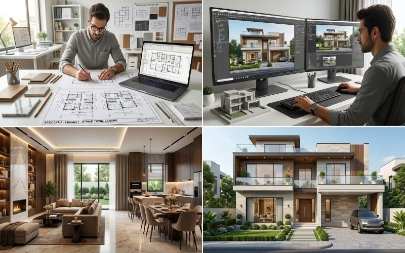 Architectural & Interior Design in Etihad Town Lahore featuring house planning, 3D design, modern interior, and completed home.