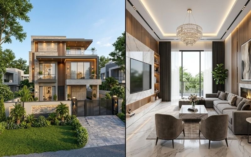 Modern home showcasing Architectural & Interior Design in Canal Garden Lahore with a luxury exterior and elegant living room.