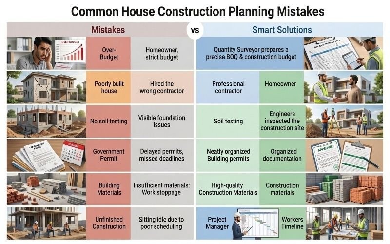 Common House Construction Planning mistakes and smart solutions comparison infographic.
