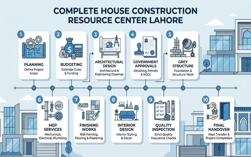 Complete House Construction Resource Center Lahore timeline showing all house construction phases from planning to final handover.
