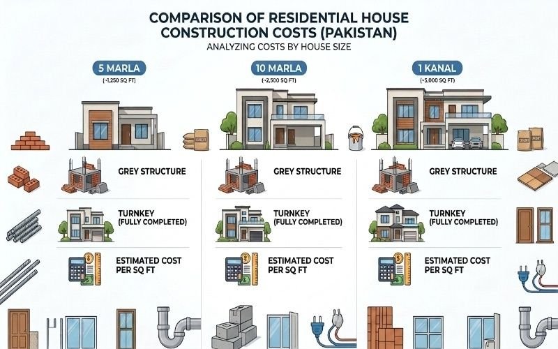 Construction Cost comparison chart for 5 Marla, 10 Marla, and 1 Kanal houses in Pakistan.
