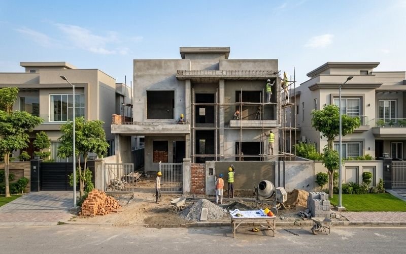 Construction Cost for a modern house under construction with workers on site.