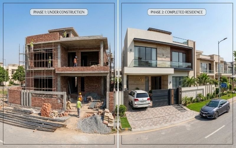 House Construction in DHA Rahbar Lahore showing the grey structure and completed modern house side by side.