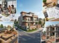 House Construction Planning process from design and budgeting to foundation work and completed modern home.