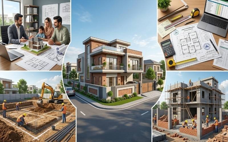 House Construction Planning process from design and budgeting to foundation work and completed modern home.