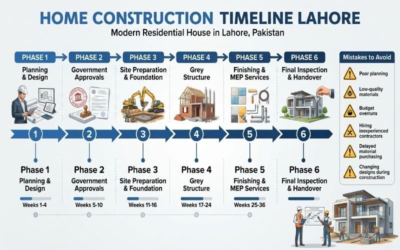 Complete House Construction Resource Center Lahore timeline showing all house construction phases from planning to final handover.