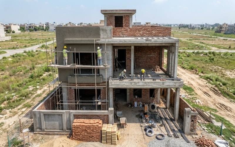 House Construction in Canal Garden Lahore Modern double storey house under construction.