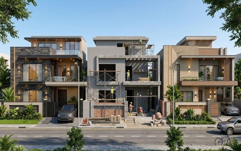 House Construction in DHA Rahbar Lahore with an under-construction modern residential house between completed luxury homes.