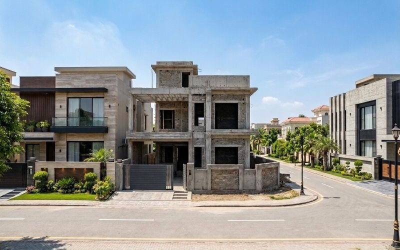 House Construction in Etihad Town Lahore grey structure modern 10 Marla house