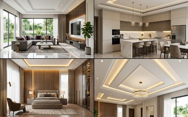 Modern Architectural & Interior Design in Canal Garden Lahore featuring a luxury living room, kitchen, bedroom, and ceiling design.