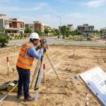 Site Survey Before House Construction with engineers measuring and marking a residential plot.