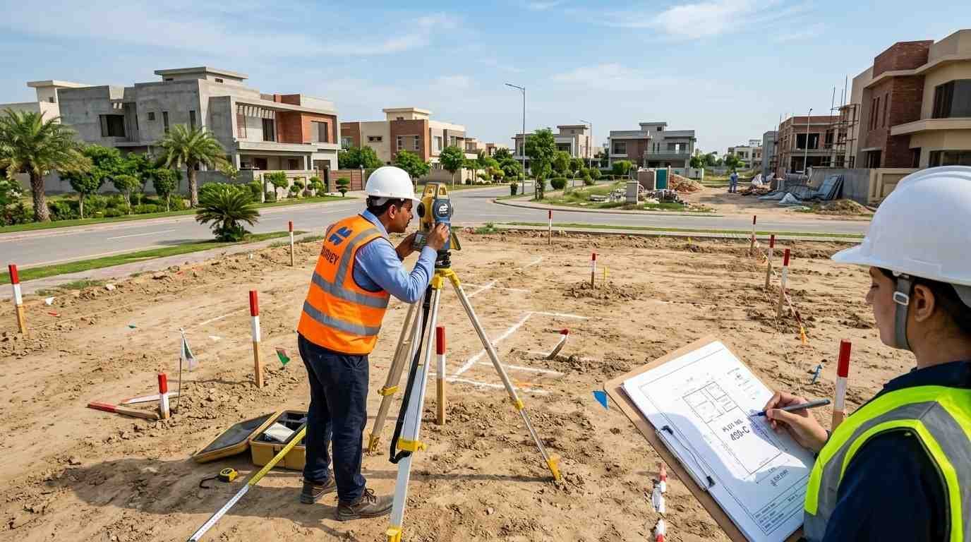 Site Survey Before House Construction with engineers measuring and marking a residential plot.