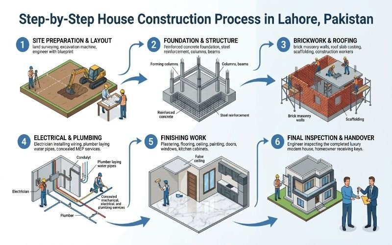 Complete House Construction Resource Center Lahore showing the step-by-step home construction process from site preparation to final handover.