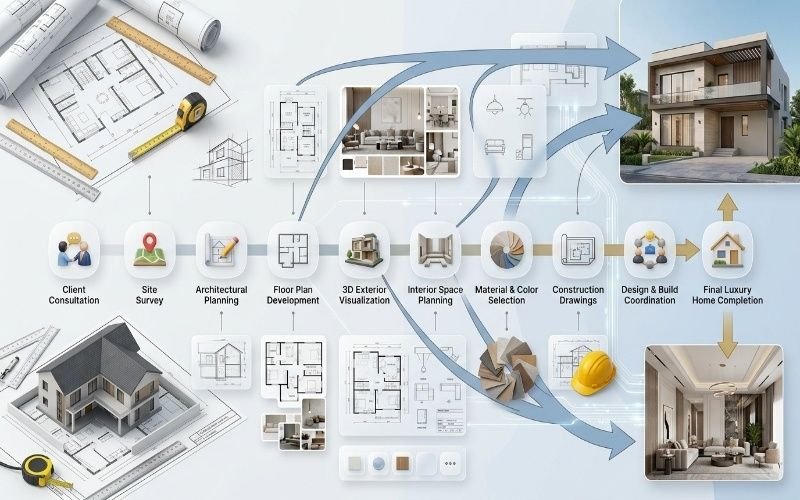 Process of Architectural & Interior Design in DHA Rahbar Lahore from planning and design to luxury home completion.