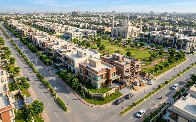 House Construction in DHA Rahbar Lahore with modern homes and an under-construction residential project.