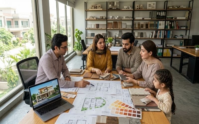 Architectural & Interior Design in Etihad Town Lahore consultation with architects and homeowners reviewing house plans.