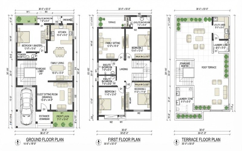 6 Marla double story house plan with ground floor, first floor and terrace layout