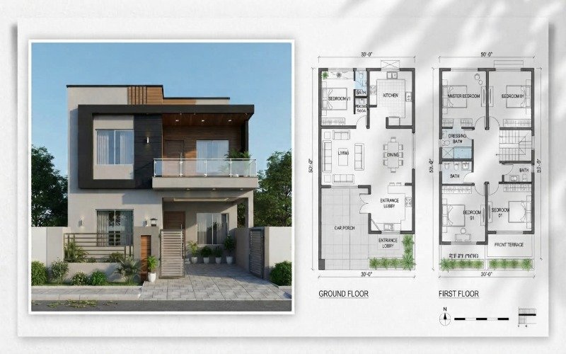 6 Marla double story house design with modern front elevation and 30×50 floor plan