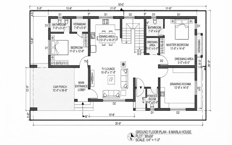 6 Marla house room layout with bedrooms, kitchen, TV lounge, drawing room and staircase